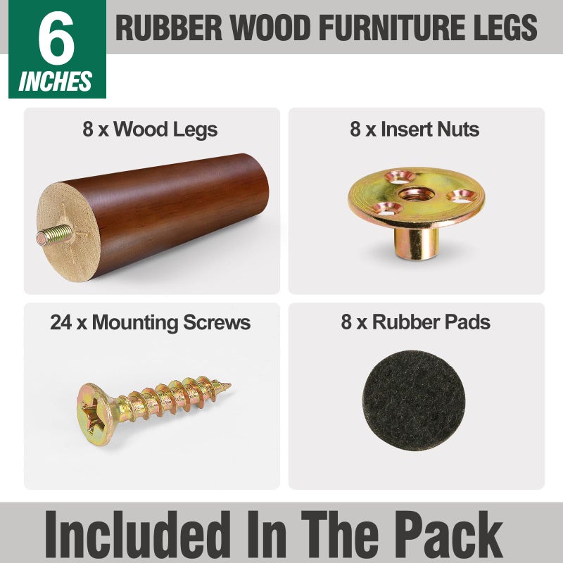FoDau770 Brown Rubber Wood Furniture Legs 6 Inches, Straight Tapered Wood Legs Mid Century Sofa Legs Set of 8, 5/16"" UNC Furniture Feet Replacement Legs for Sofa Couch Dresser Chair Ottoman - Image 2
